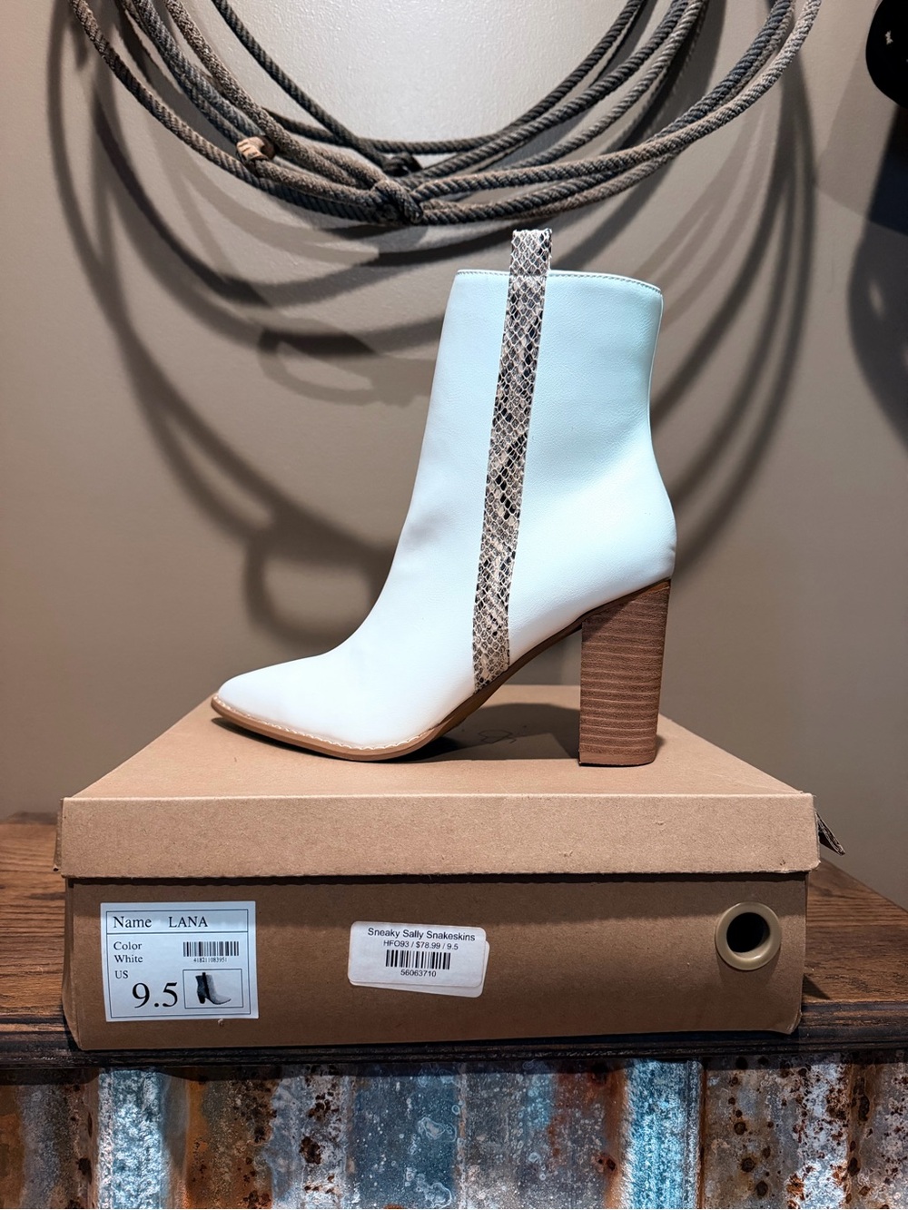 White Ankle Boot with Snakeskin Pull Tab